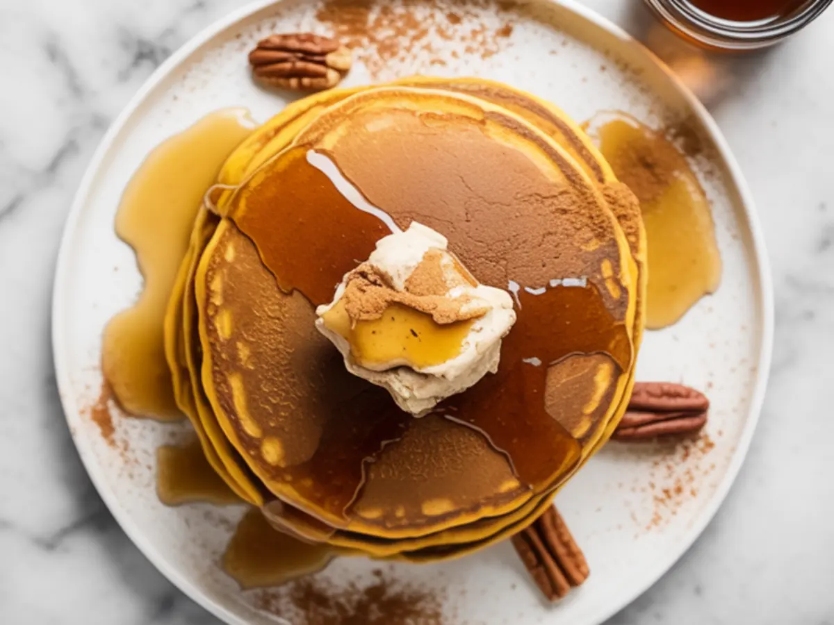 Stack of fluffy pumpkin pancakes topped with cinnamon butter and maple syrup, garnished with pecans on a white plate.