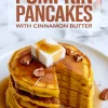 Pinterest graphic of pumpkin pancakes topped with butter and maple syrup, layered with pecans and cinnamon, with bold fall-themed text highlighting a cinnamon butter recipe.