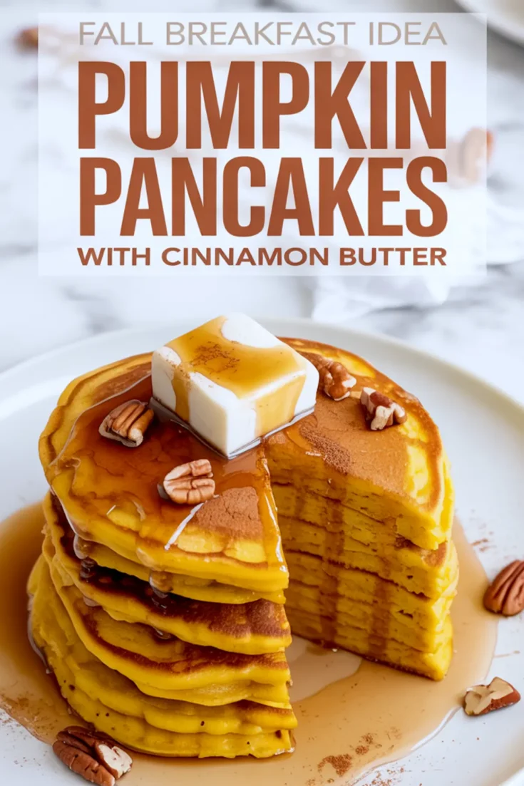Pinterest graphic of pumpkin pancakes topped with butter and maple syrup, layered with pecans and cinnamon, with bold fall-themed text highlighting a cinnamon butter recipe.