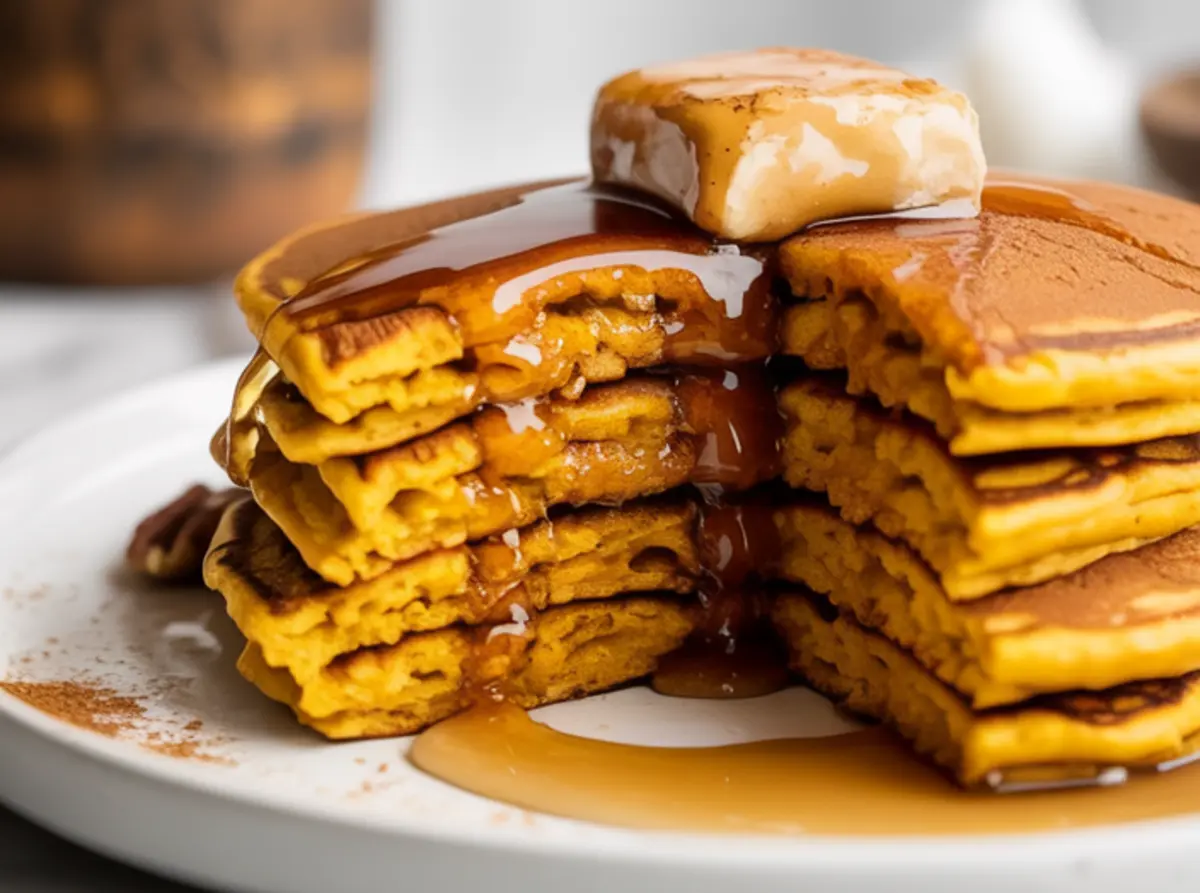 Close-up of sliced pumpkin pancakes stacked high and dripping with maple syrup, topped with melting cinnamon butter on a white plate.