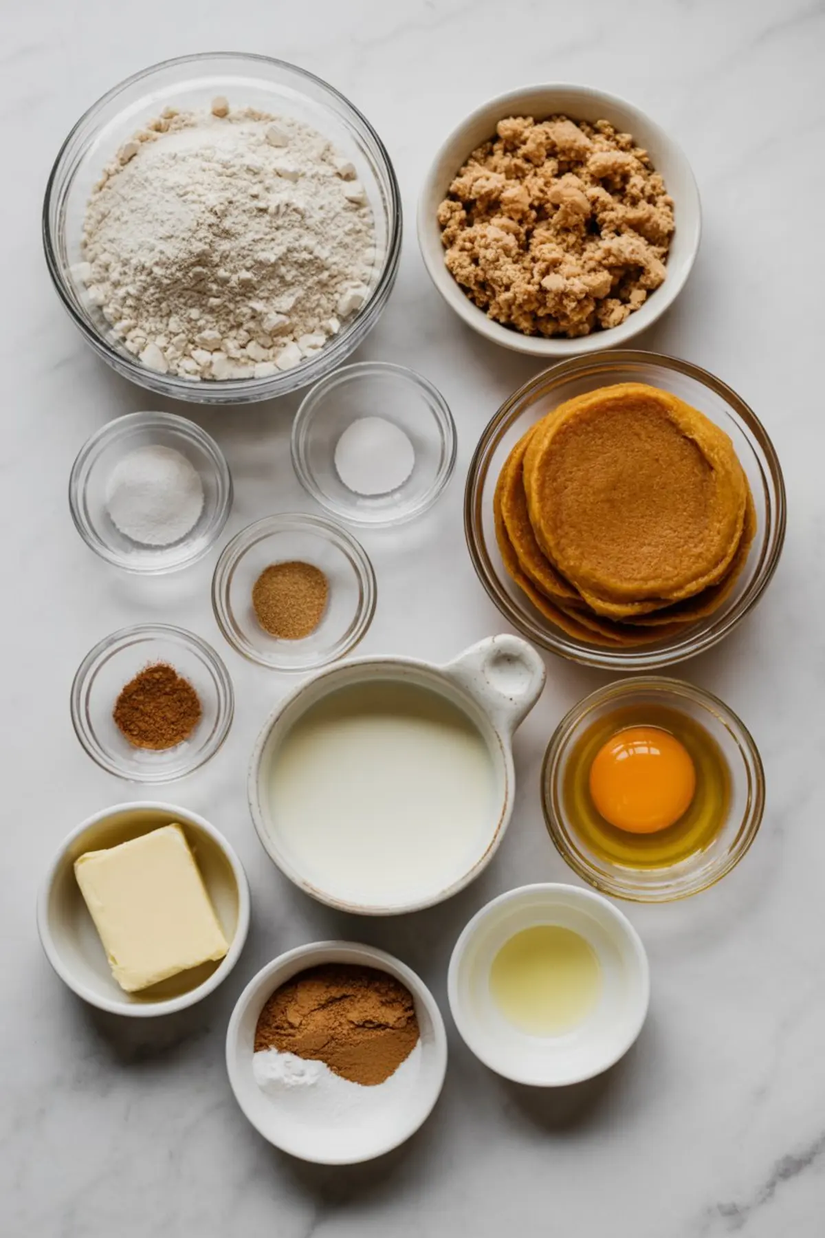 Flat lay of ingredients for pumpkin pancakes including flour, brown sugar, egg, milk, pumpkin puree, butter, spices, baking powder, and vanilla.