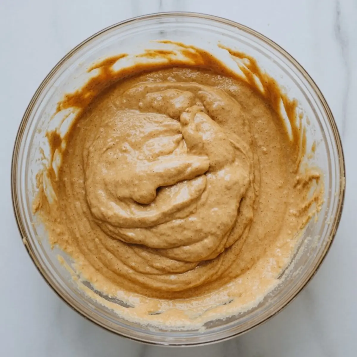 Thick pumpkin pancake batter in a glass mixing bowl, showing a smooth texture with visible cinnamon and spice tones.