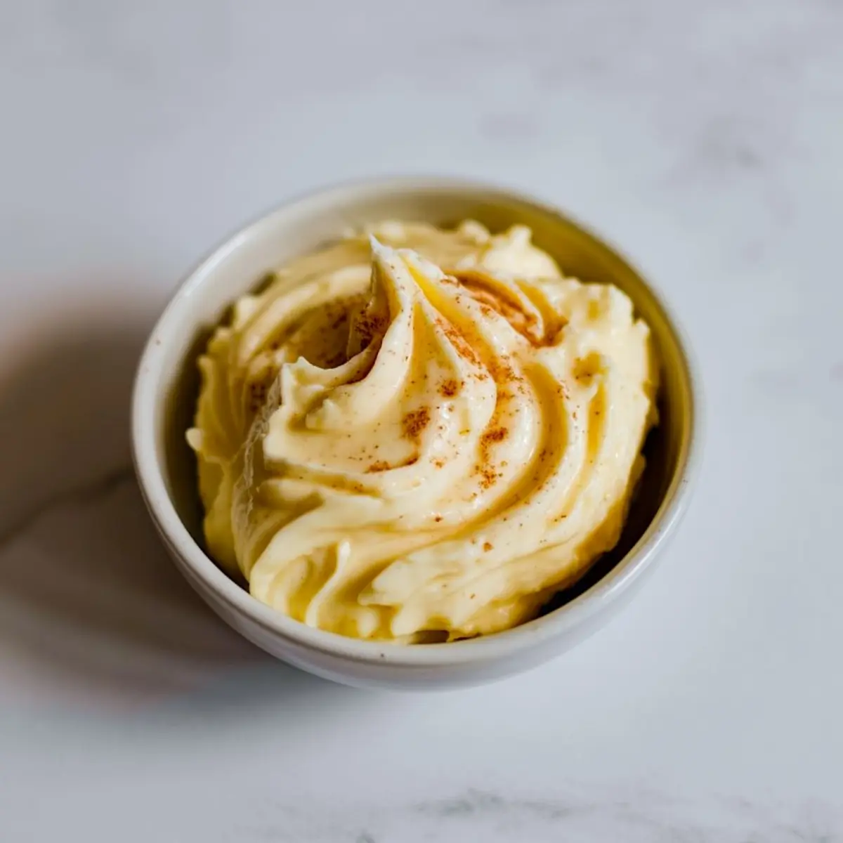 Small white bowl filled with whipped cinnamon butter, swirled and sprinkled with ground cinnamon on top.