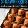 Pinterest collage showing pumpkin-decorated strawberries with green tops on a bed of chocolate crumbs, paired with the title “Pumpkin Patch Strawberries” in blue spooky font.