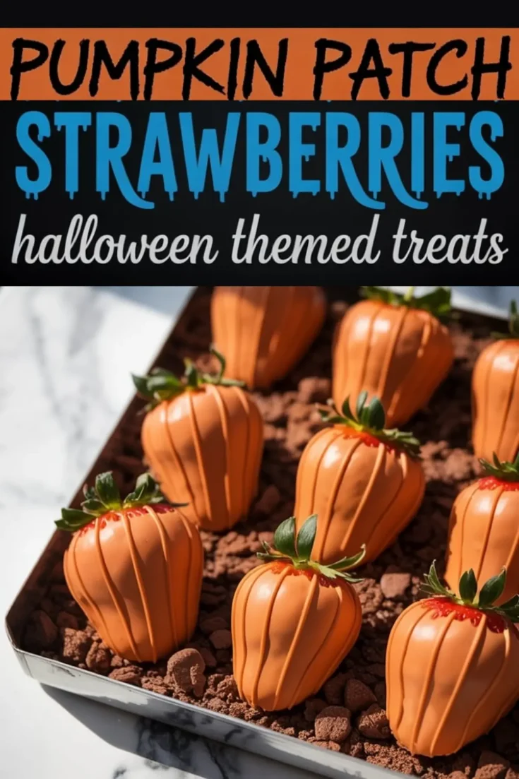 Pinterest collage showing pumpkin-decorated strawberries with green tops on a bed of chocolate crumbs, paired with the title “Pumpkin Patch Strawberries” in blue spooky font.