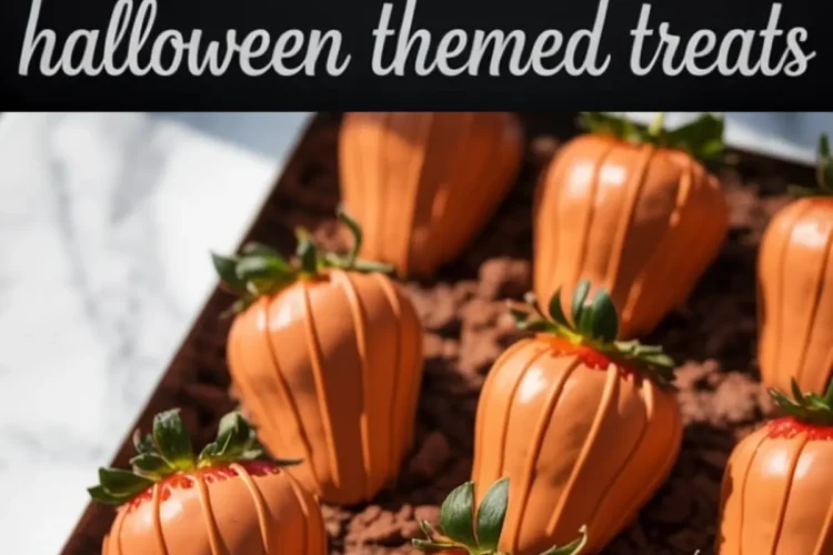 Pinterest collage showing pumpkin-decorated strawberries with green tops on a bed of chocolate crumbs, paired with the title “Pumpkin Patch Strawberries” in blue spooky font.