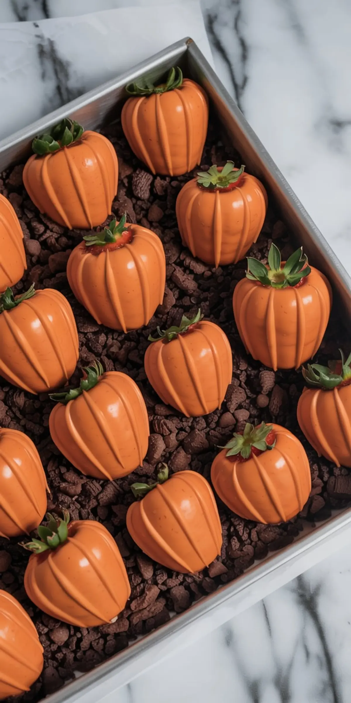 Metal tray filled with pumpkin-decorated strawberries coated in orange candy melts and set on chocolate cookie crumble, captured on a marble surface for festive Halloween dessert inspiration.