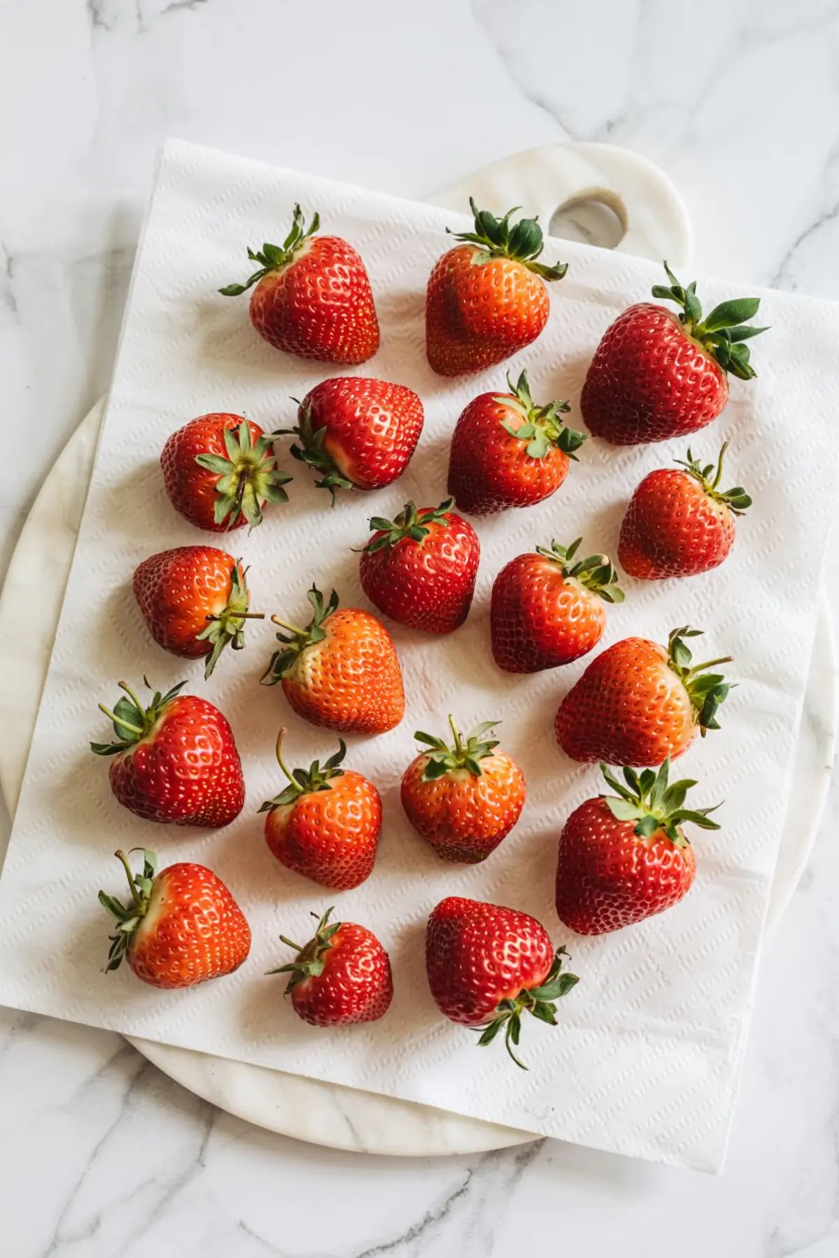 Fresh strawberries laid out on a paper towel for drying, prepped for dipping, showcasing a mix of medium to large ripe berries with vibrant red color and green leafy tops.