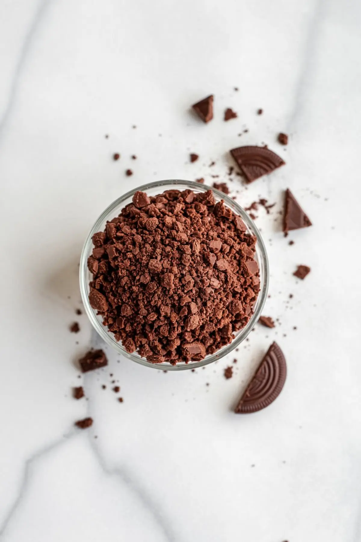 Crushed chocolate cookies in a glass bowl, with crumbs scattered around and pieces of sandwich cookies nearby, used as edible soil for pumpkin patch-themed strawberry treats.