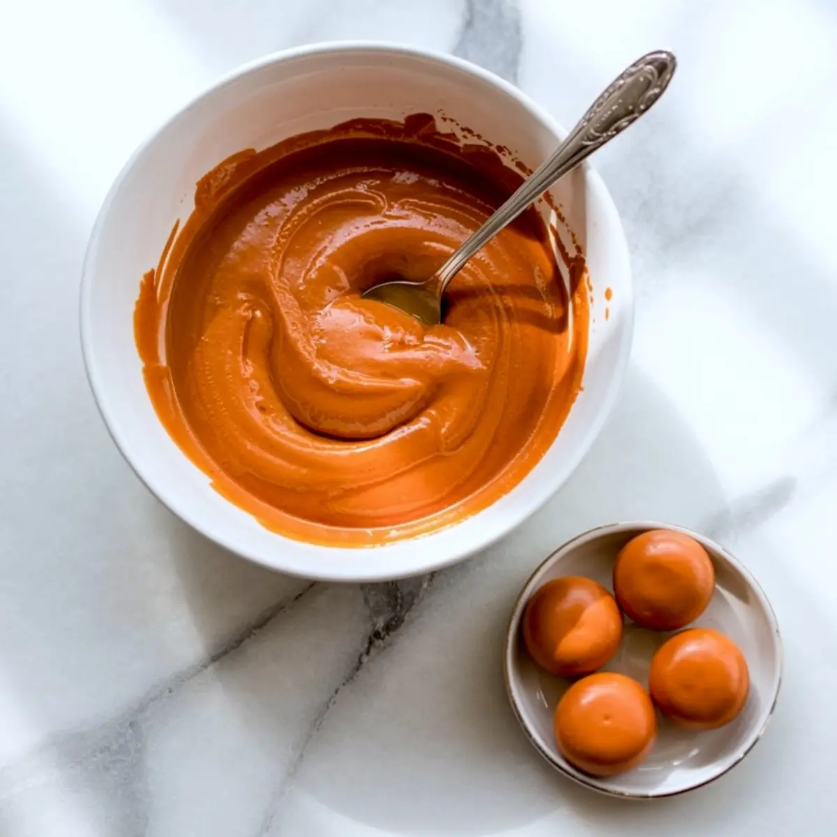 Bowl of melted orange candy coating with a spoon, placed beside a small dish holding four chocolate-covered spheres, part of the decorating process for creating pumpkin-style strawberries.