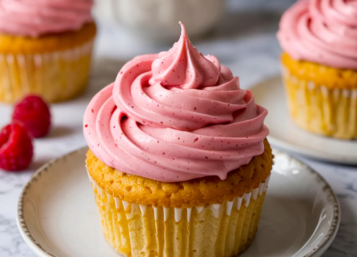 Close-up of a vanilla cupcake topped with raspberry buttercream frosting piped into tall swirls and garnished with a fresh raspberry, placed on a white plate.
