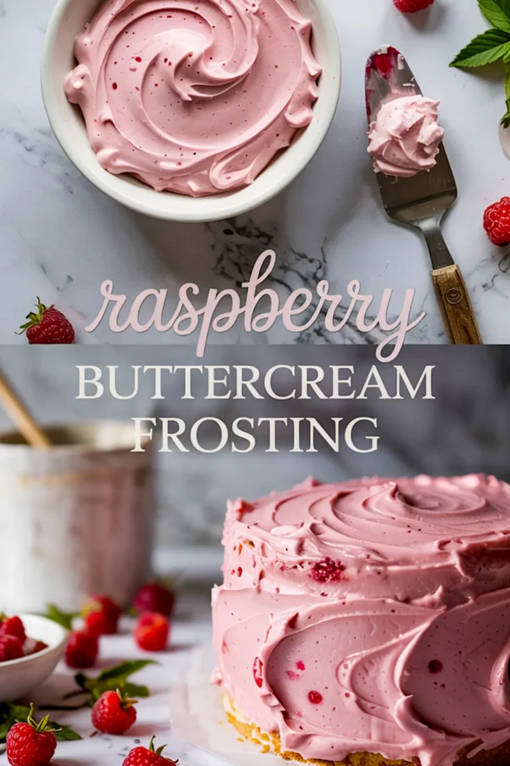 Vertical collage with smooth raspberry buttercream frosting in a bowl and a frosted layer cake on the bottom half, with bold script reading “Raspberry Buttercream Frosting.”