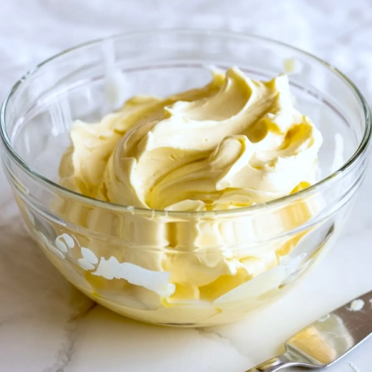 Creamy whipped buttercream frosting in a glass bowl on a marble surface, showcasing smooth texture and pale yellow color ideal for cake decorating and dessert fillings.
