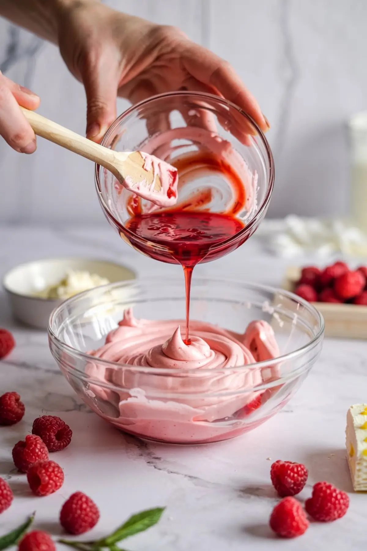 Bright red raspberry syrup being poured into pink whipped buttercream in a glass bowl, surrounded by fresh raspberries and baking ingredients on a marble countertop.

