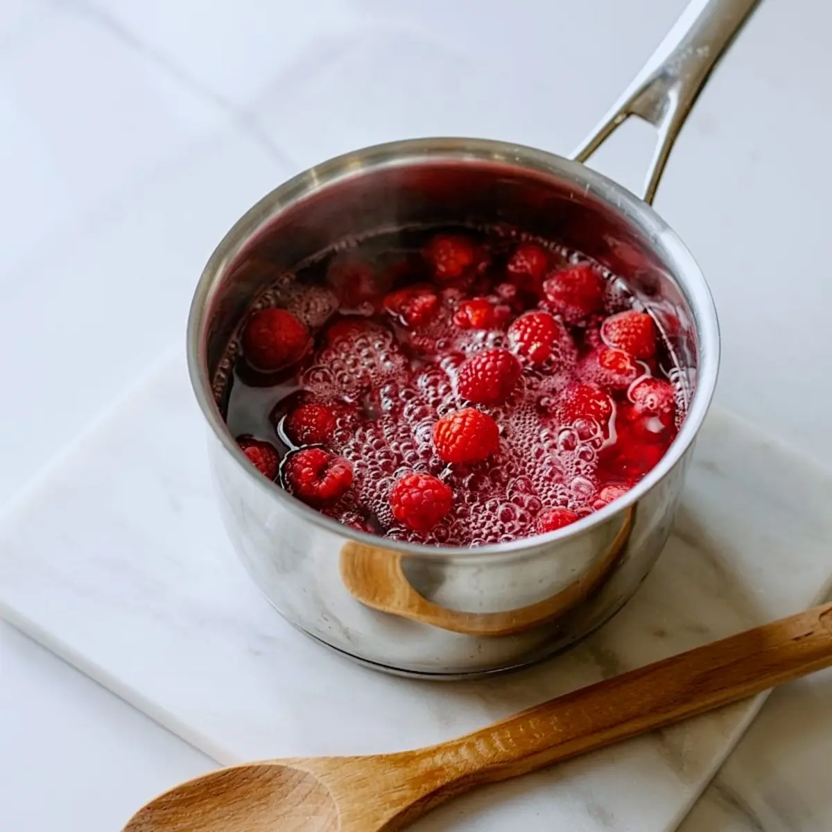 Fresh raspberries simmering in a stainless steel saucepan with bubbling liquid, placed on a white marble board next to a wooden spoon.
