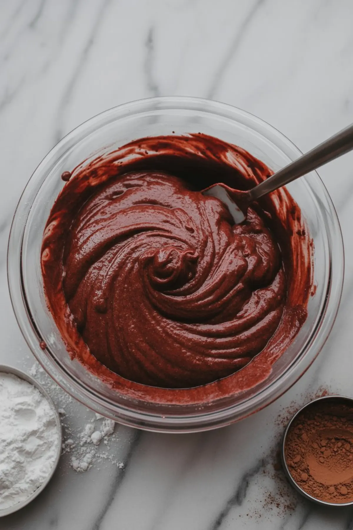Glass bowl filled with freshly mixed red velvet brownie batter, swirled to a smooth texture, placed on a marble surface beside bowls of cocoa powder and flour.