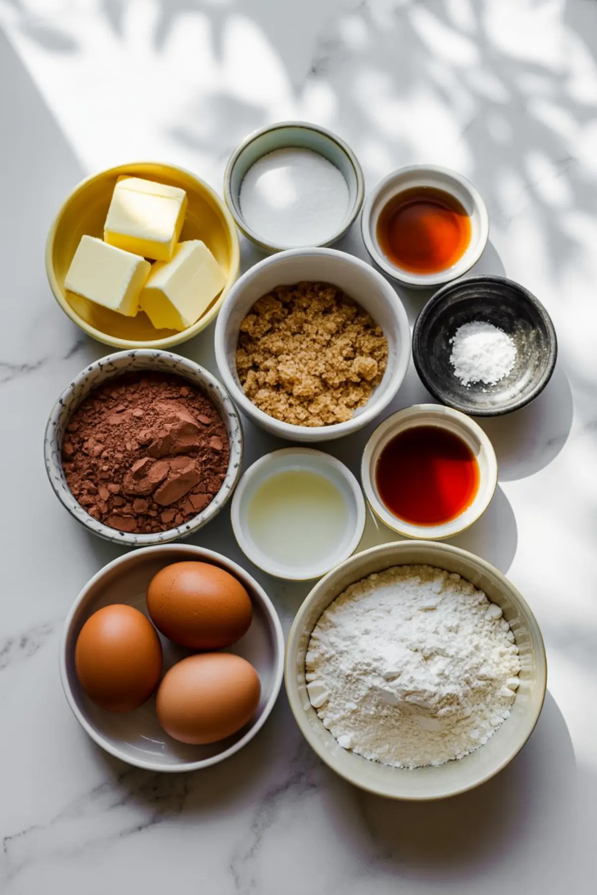 Flat lay of measured baking ingredients for red velvet brownies, including butter, sugar, brown sugar, cocoa powder, eggs, flour, vanilla extract, vinegar, and baking powder on a white countertop.