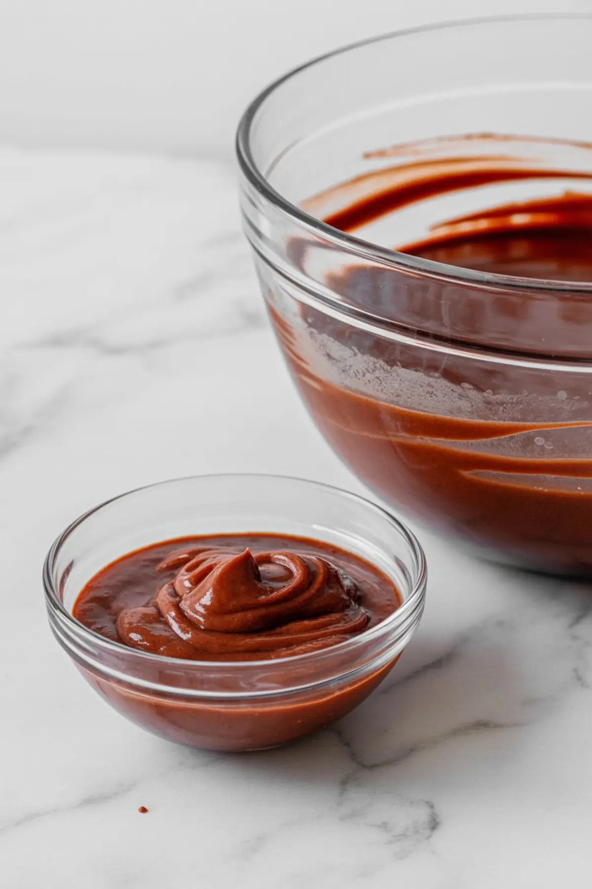 Glass bowls containing thick red velvet batter, with one bowl holding a smooth swirl of chocolate mixture, positioned on a white marble surface.