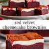 Vertical collage with stacked red velvet cheesecake brownies and a close-up slice, featuring a creamy white cheesecake layer over a dense red velvet base, with text overlay.