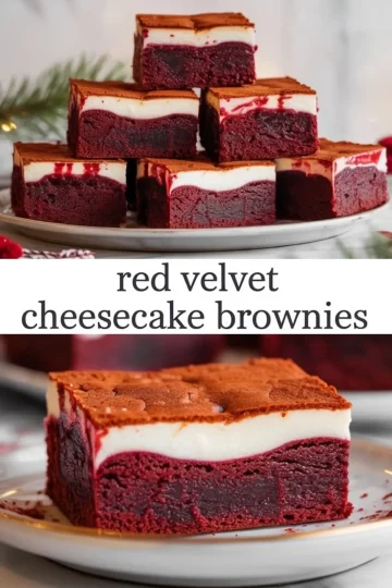 Vertical collage with stacked red velvet cheesecake brownies and a close-up slice, featuring a creamy white cheesecake layer over a dense red velvet base, with text overlay.