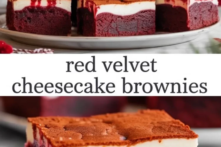 Vertical collage with stacked red velvet cheesecake brownies and a close-up slice, featuring a creamy white cheesecake layer over a dense red velvet base, with text overlay.