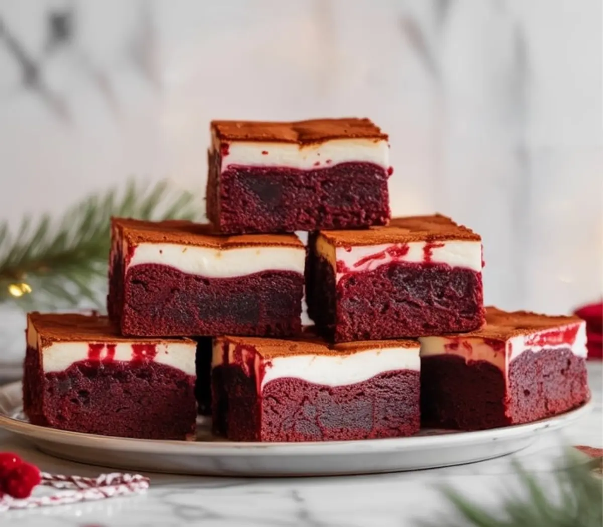 Close-up of red velvet cheesecake brownies stacked on a round plate, highlighting thick red velvet layers and creamy white cheesecake topping, with holiday-themed background.