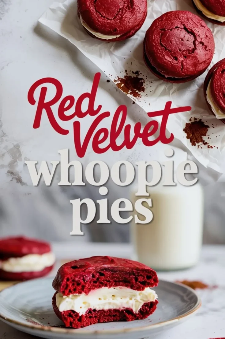 A plate displays red velvet whoopie pies filled with creamy vanilla frosting, with one cut in half to show the fluffy texture and filling, set next to a glass of milk.