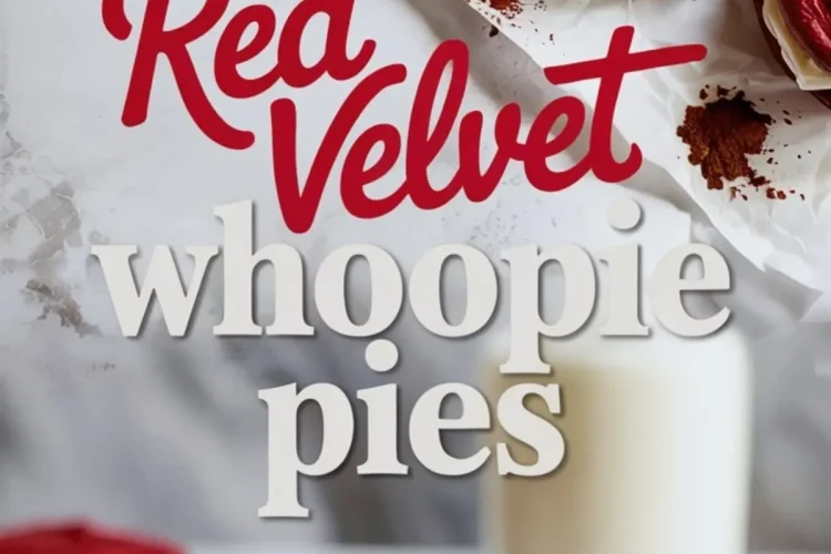 A plate displays red velvet whoopie pies filled with creamy vanilla frosting, with one cut in half to show the fluffy texture and filling, set next to a glass of milk.