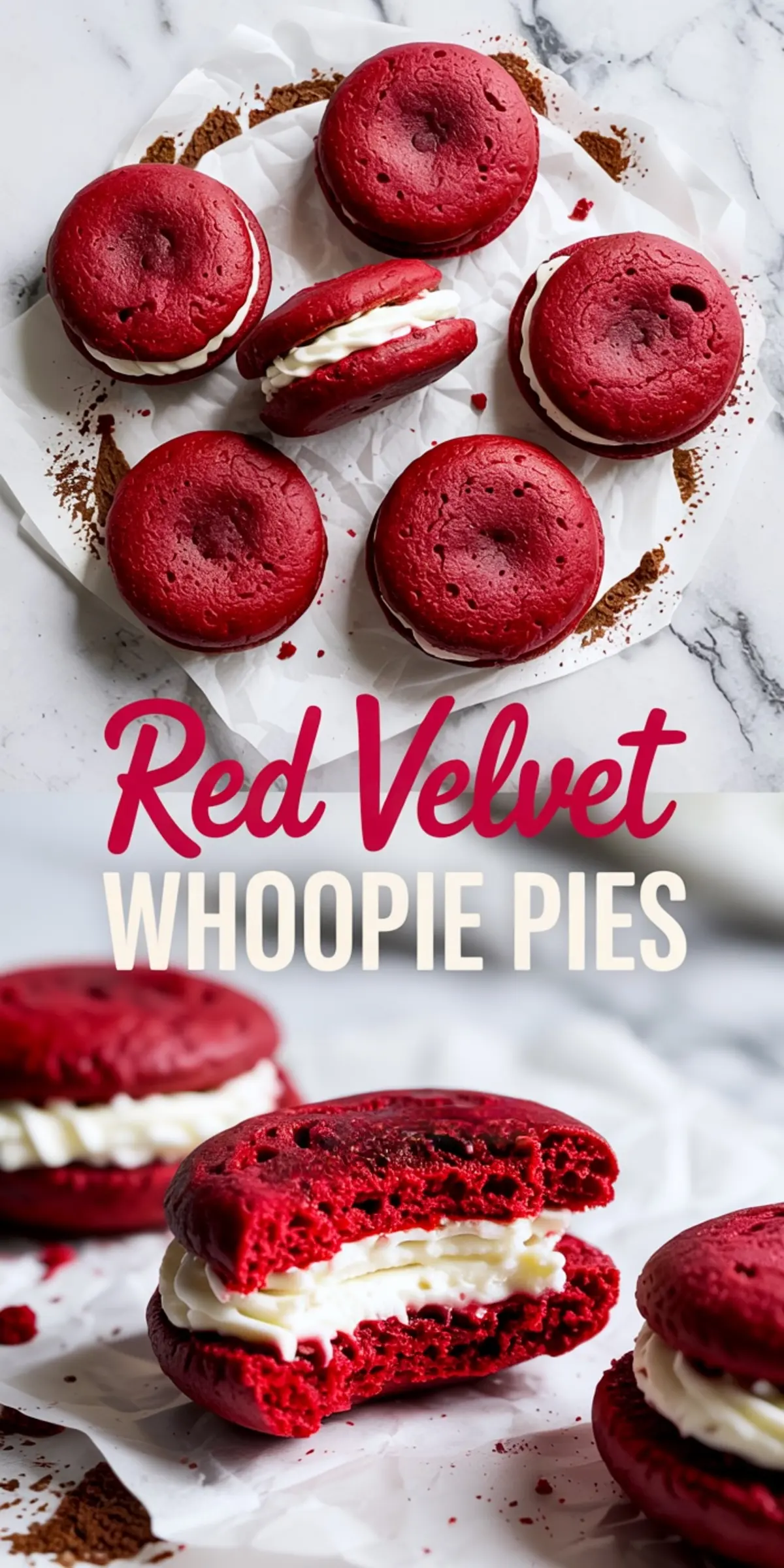 A top and bottom collage showing red velvet whoopie pies with cream cheese filling on parchment paper; the bottom view highlights a bitten pie revealing the soft interior and creamy center.