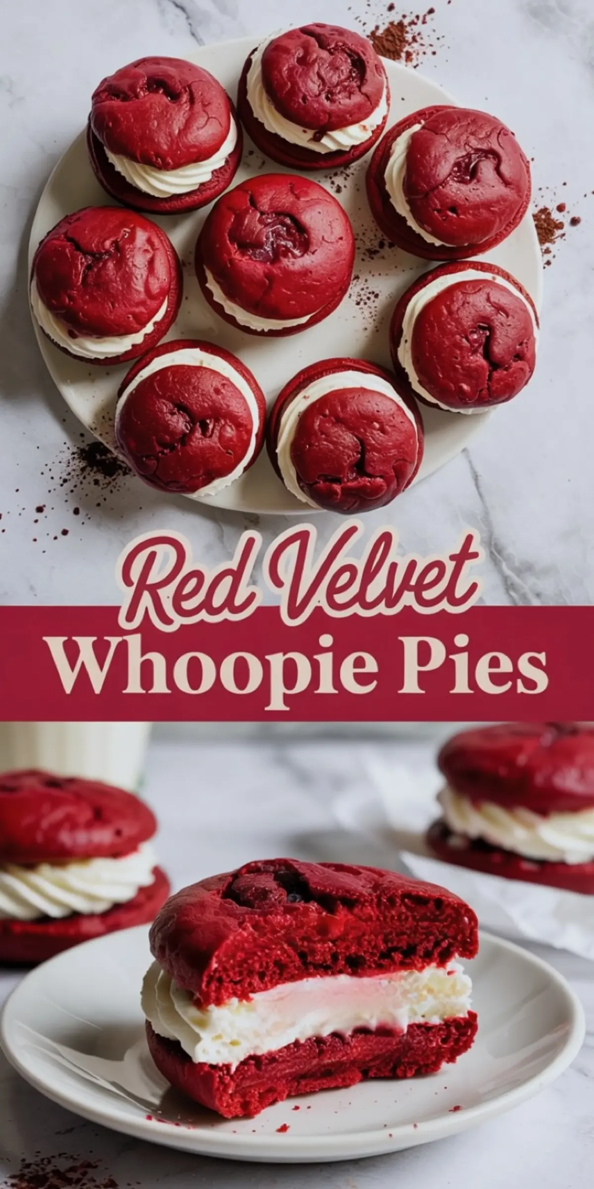 Top and bottom collage of red velvet whoopie pies on a white plate and a bitten pie on a white dish, showing the thick swirl of frosting between two soft cake layers.