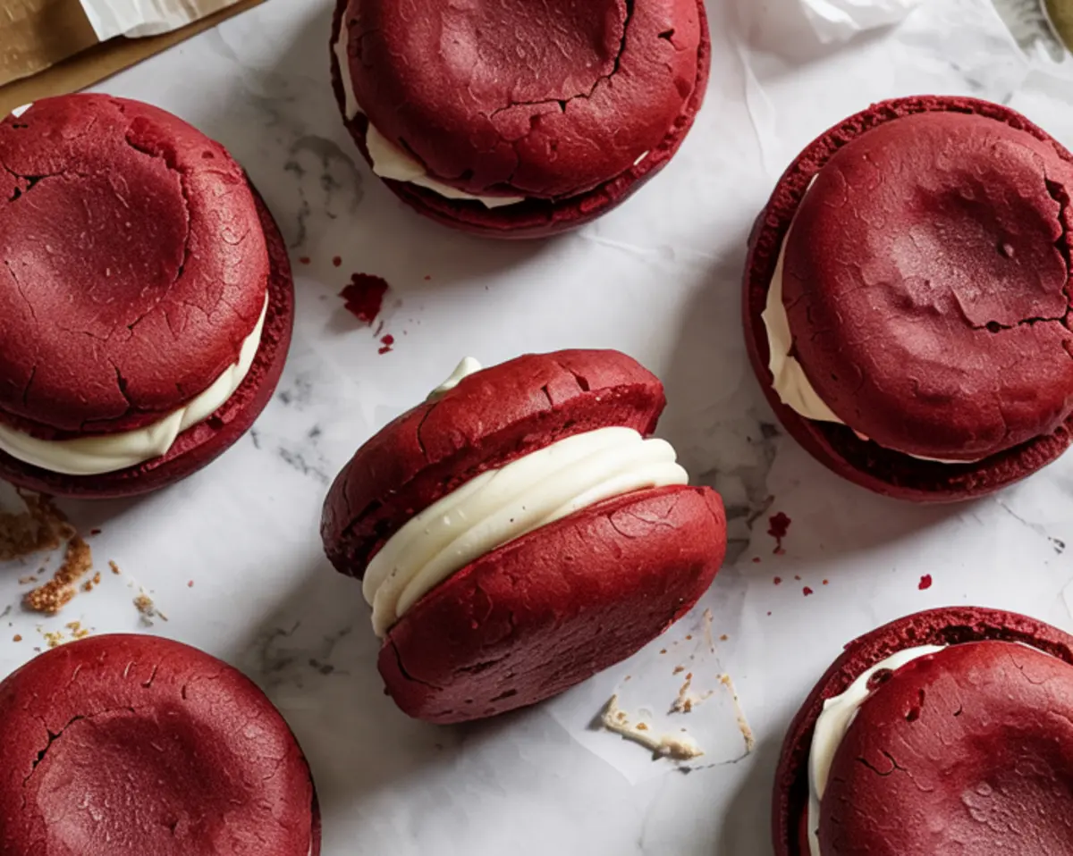 Close-up of red velvet whoopie pies on parchment paper with visible cracks and smooth cream cheese frosting sandwiched between soft red cake rounds.