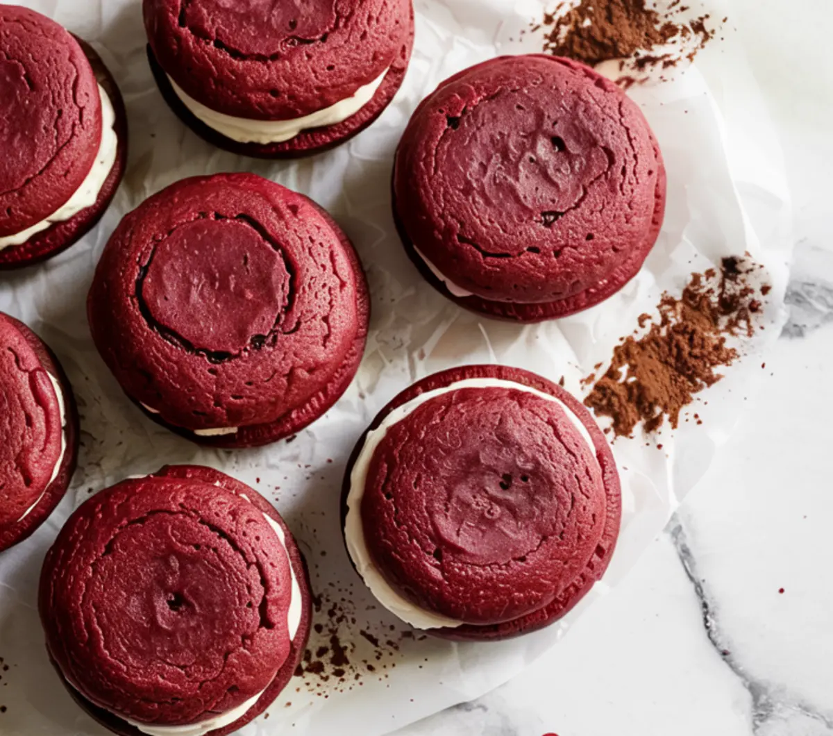 Overhead view of freshly baked red velvet whoopie pies arranged on crinkled parchment paper, surrounded by scattered cocoa powder for decoration.