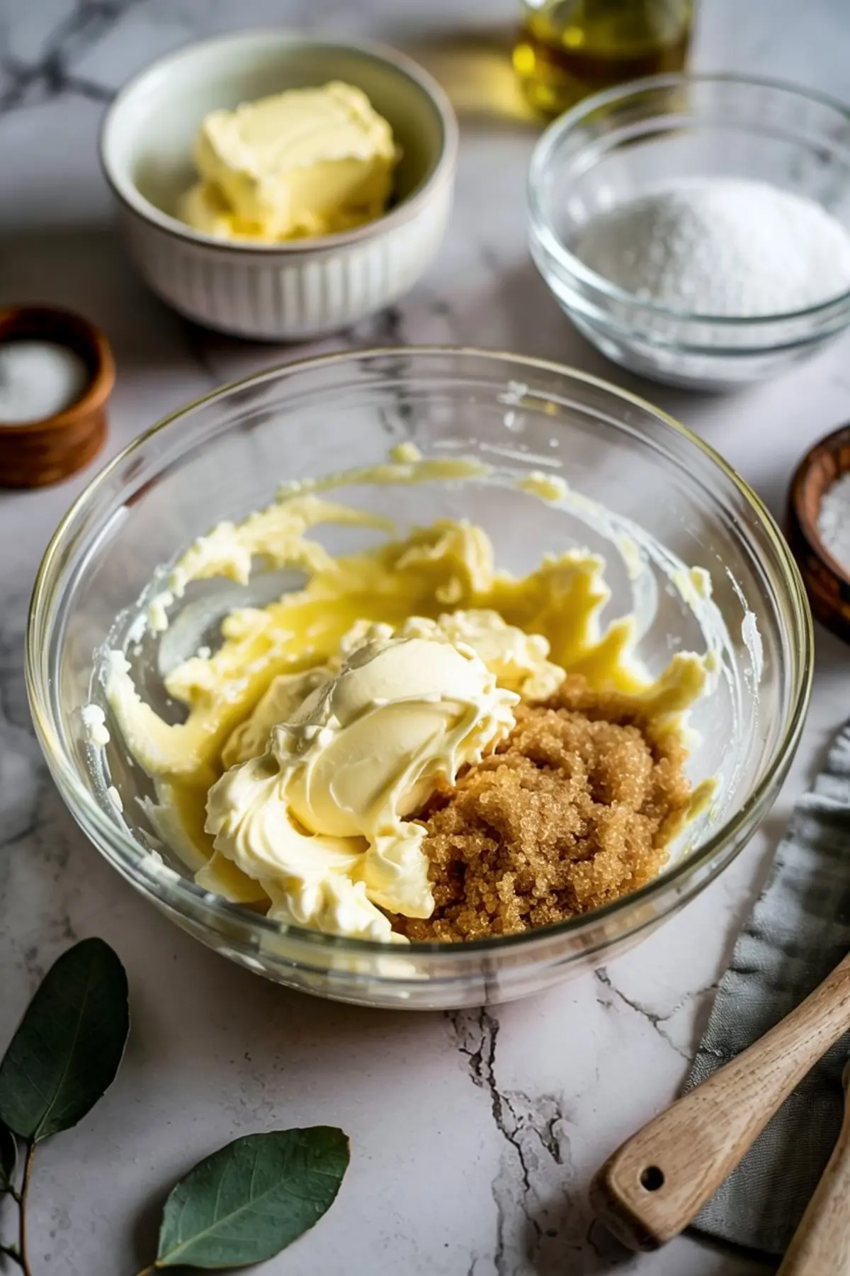 Butter, brown sugar, and cream cheese are partially mixed in a glass bowl with additional baking ingredients like flour, butter, and salt arranged in small bowls nearby.