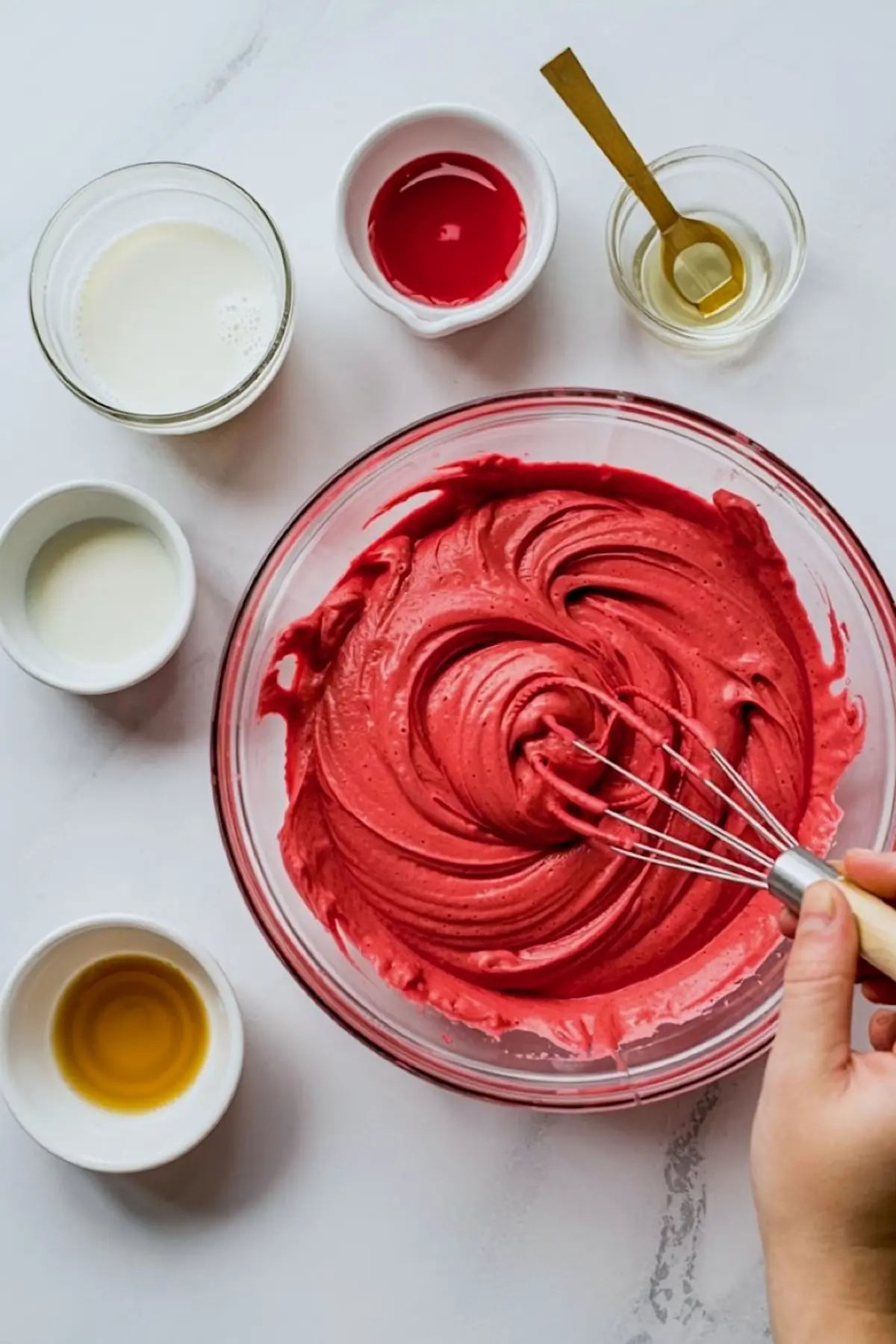 Red velvet batter is being whisked in a glass bowl surrounded by small bowls of wet ingredients including milk, vinegar, vanilla extract, and red food coloring.