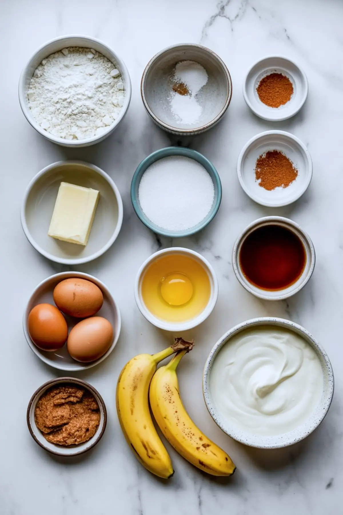 Overhead view of baking ingredients for snickerdoodle banana bread on a marble surface, including ripe bananas, eggs, butter, flour, sugar, yogurt, peanut butter, cinnamon, baking powder, and vanilla extract.