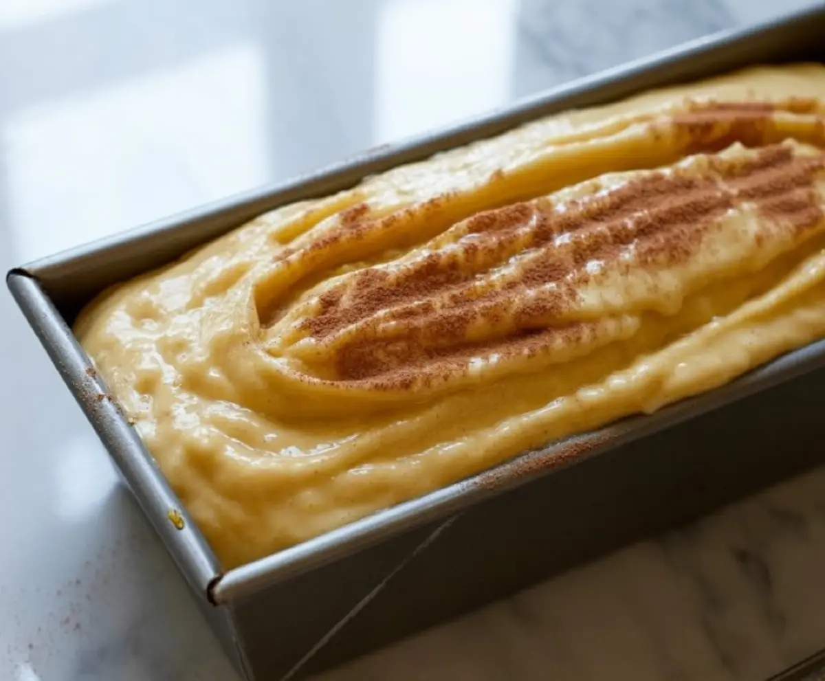 Banana bread batter spread into a loaf pan, topped with a swirl of cinnamon sugar ready for baking, showcasing a smooth and fluffy texture.