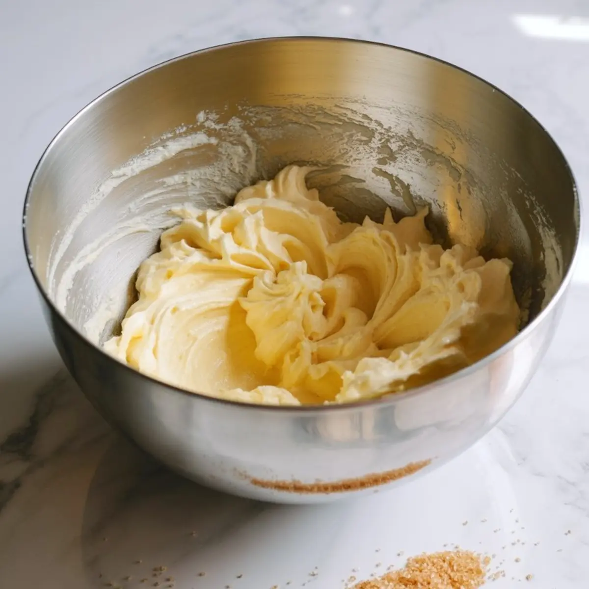Creamy banana bread batter whipped in a stainless steel mixing bowl, forming soft peaks with sugar granules visible on the countertop nearby.