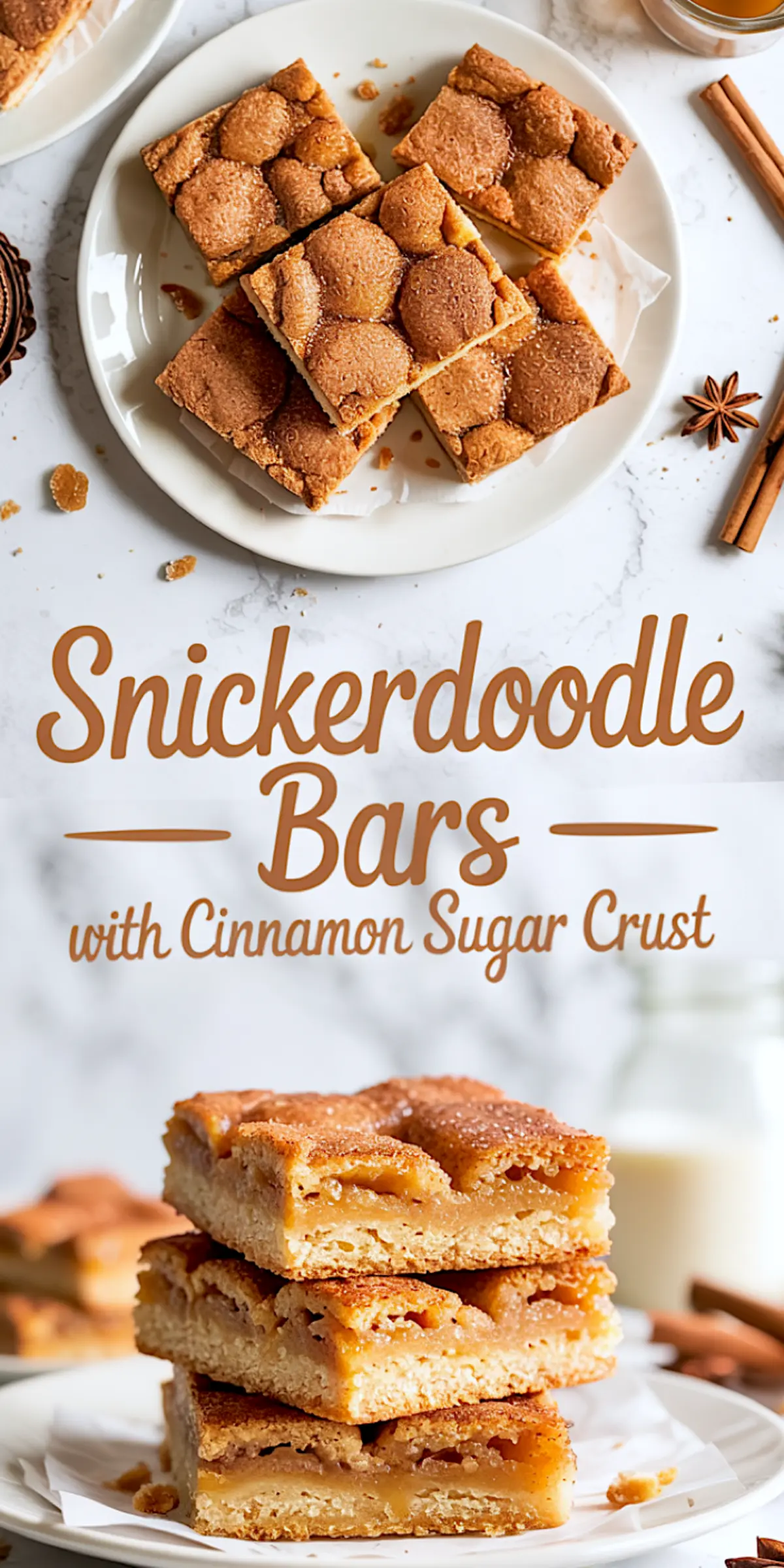 Vertical collage of four cinnamon-topped snickerdoodle bars on a round plate and a stack of chewy bars with caramelized centers, paired with text reading “Snickerdoodle Bars with Cinnamon Sugar Crust.”