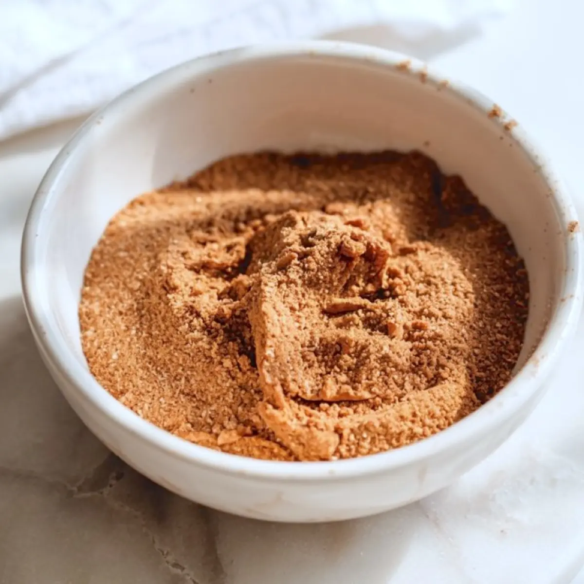 Close-up of cinnamon sugar mixture in a white ceramic bowl, showcasing the key topping for snickerdoodle bars.