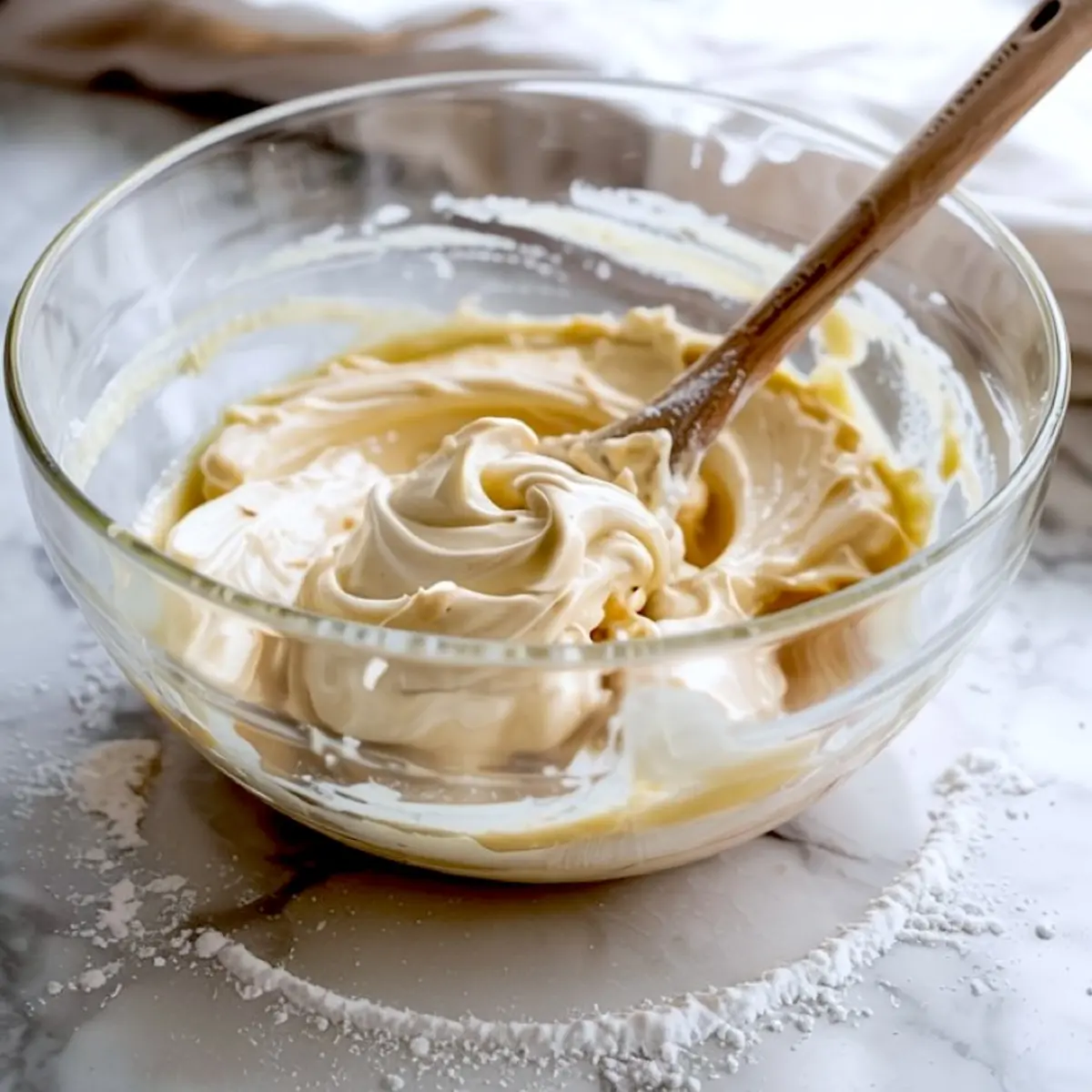 Creamy cake batter being mixed in a glass bowl with a wooden spoon, surrounded by scattered flour on a marble countertop.