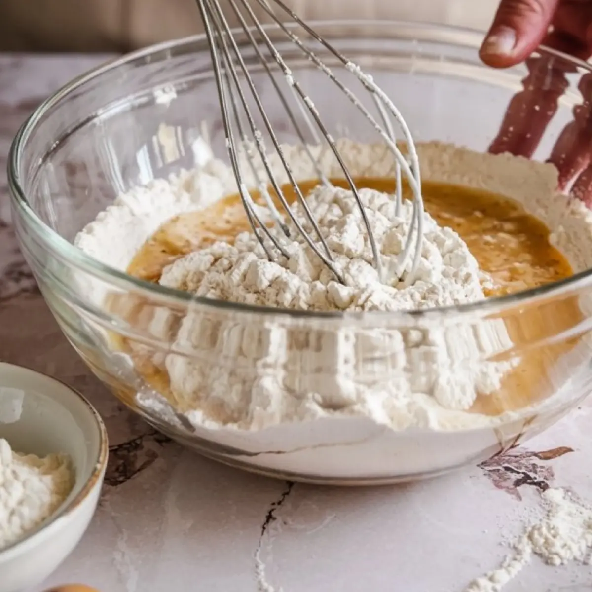 Flour and wet ingredients being whisked together in a glass bowl, showing the beginning stages of snickerdoodle bar batter preparation.
