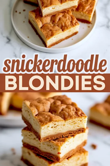 Snickerdoodle blondies stacked on a white plate with a visible chewy center and crackly cinnamon top, highlighted in a vertical pin design.