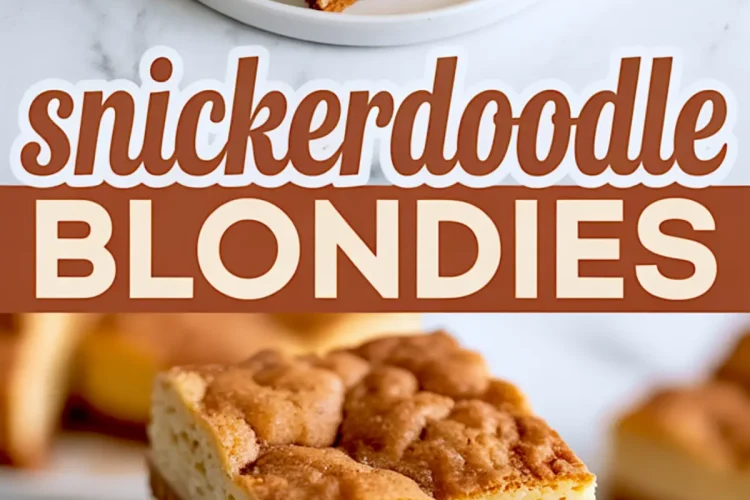 Snickerdoodle blondies stacked on a white plate with a visible chewy center and crackly cinnamon top, highlighted in a vertical pin design.