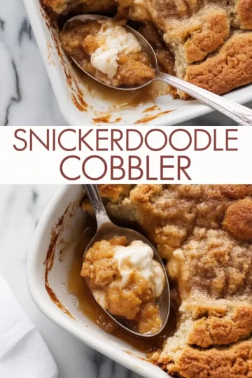 Collage image featuring snickerdoodle cobbler served in a baking dish, with cinnamon sugar crust and gooey caramelized filling scooped onto a spoon with melting cream.