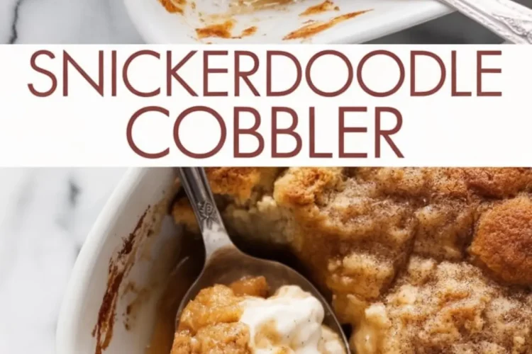 Collage image featuring snickerdoodle cobbler served in a baking dish, with cinnamon sugar crust and gooey caramelized filling scooped onto a spoon with melting cream.