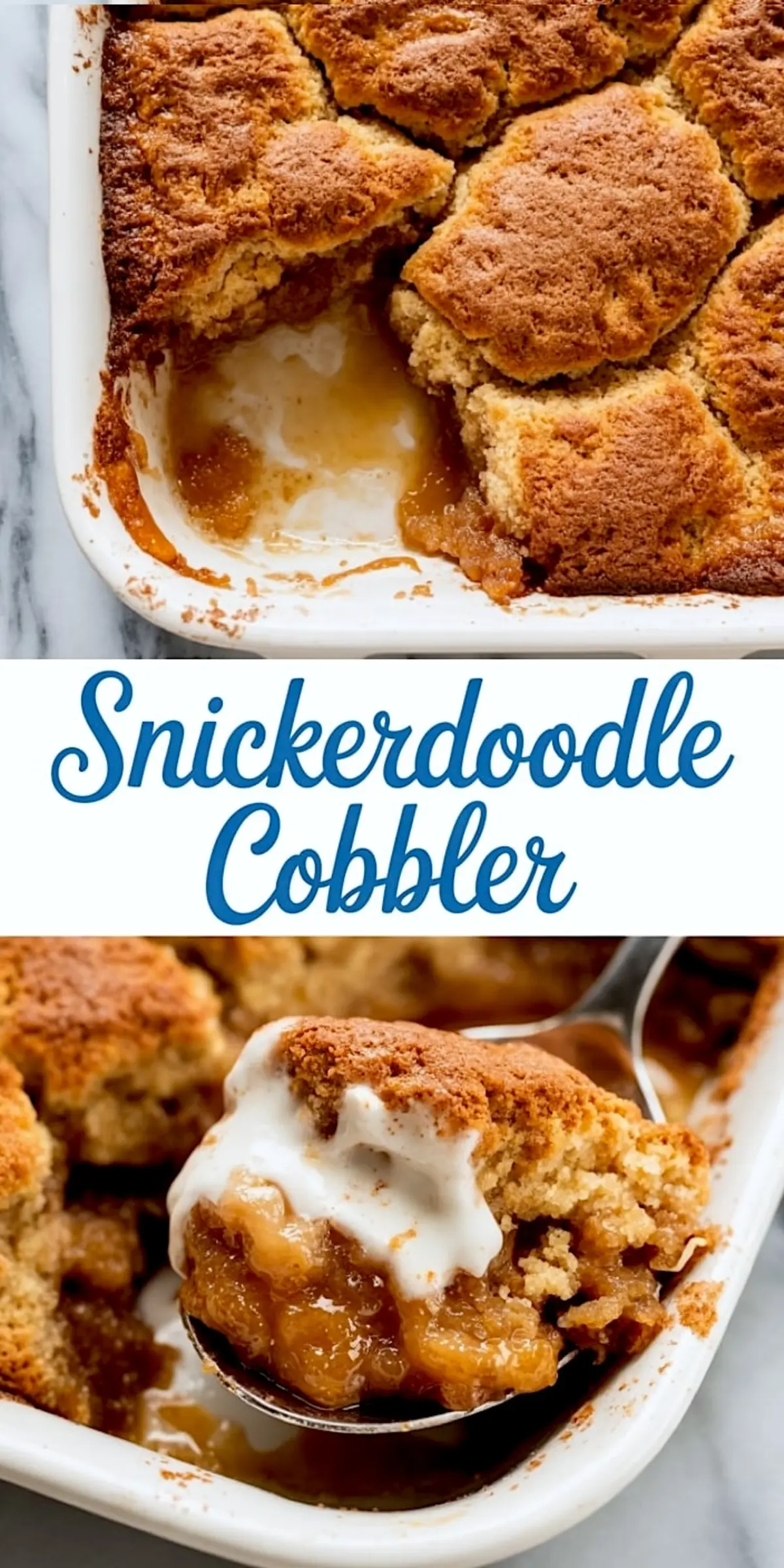 Collage image showing close-up of snickerdoodle cobbler served hot in a white baking pan, with cinnamon sugar biscuit topping and gooey brown sugar filling beneath.