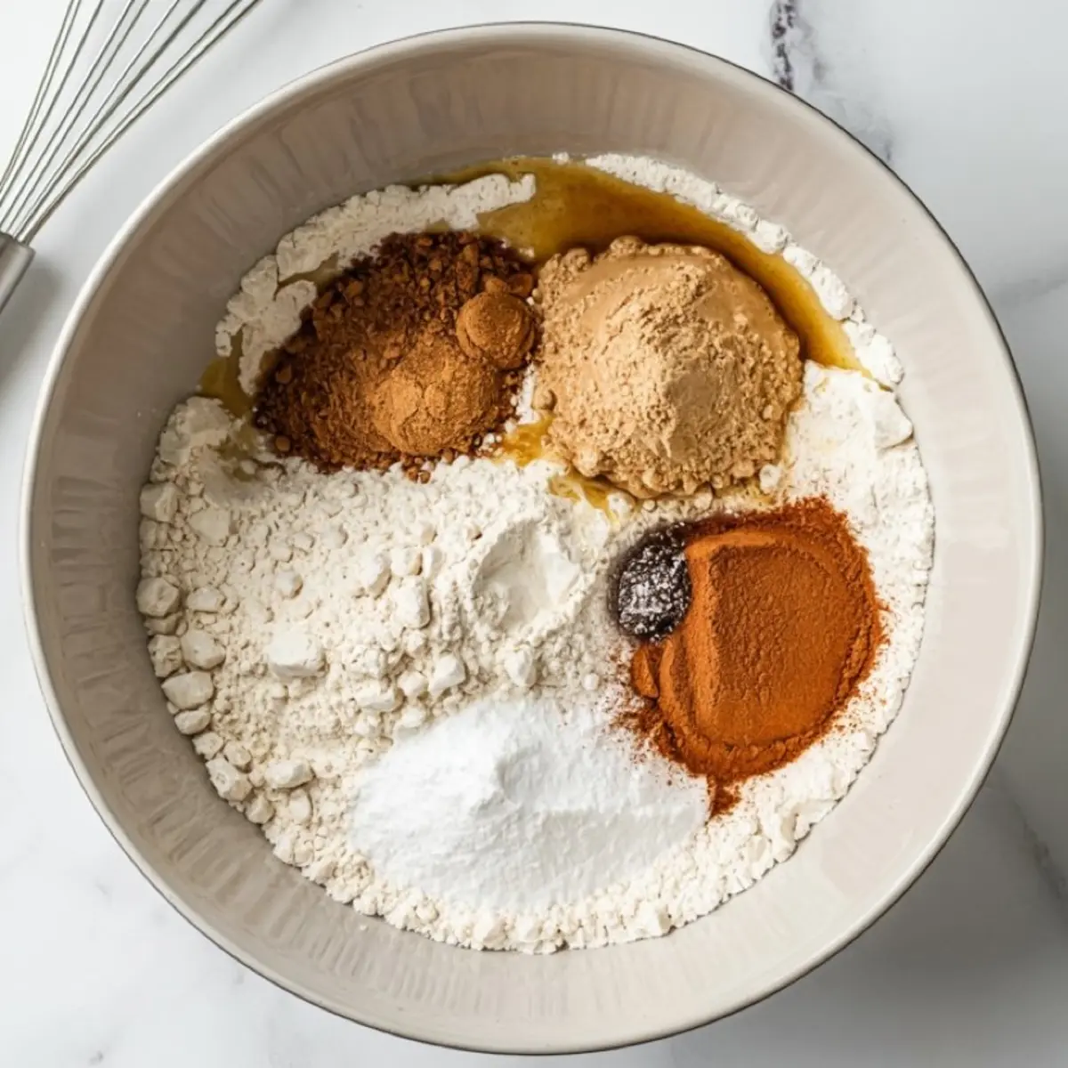 Overhead view of dry snickerdoodle ingredients in a white bowl, featuring flour, cinnamon, ginger, baking powder, brown sugar, and vanilla extract arranged in separated piles.