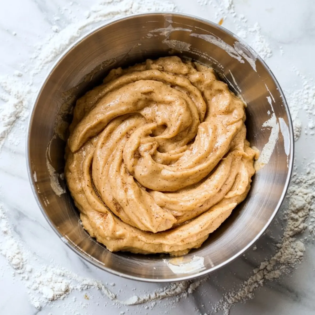 Swirled snickerdoodle batter in a stainless steel mixing bowl on a floured marble countertop, showing a thick, cinnamon-spiced dough ready for baking.