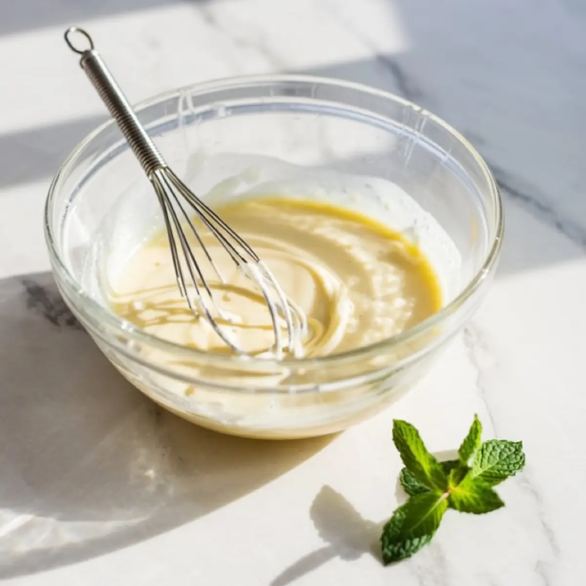 Creamy vanilla custard batter in a glass bowl with a metal whisk resting inside, set on a white marble surface with fresh mint leaves for garnish.