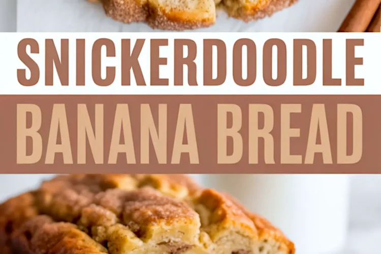 Top and side view of baked snickerdoodle banana bread loaf sliced to reveal a cinnamon swirl center, with bold text overlay reading “Snickerdoodle Banana Bread.”